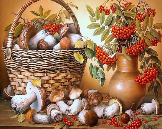 Алмазная мозаика 40x50 Корзина с грибами и рябиной