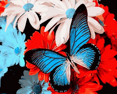 Картина по номерам 40x50 Голубая бабочка на ярких цветах