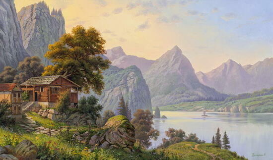 Картина по номерам 40x50 Деревянный домик у горной реки
