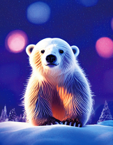 Белый медвежонок на фоне ночного неба