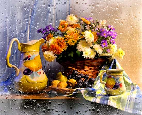 Картина по номерам 40x50 Хризантемы и кувшин с соком