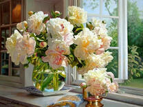 Без бренда «Ваза с букетом белых пионов у окна» во Владикавказе 