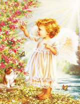 Милый ангелок и котёнок играют с бабочками