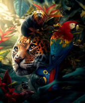 Леопард в окружении птиц и зверей